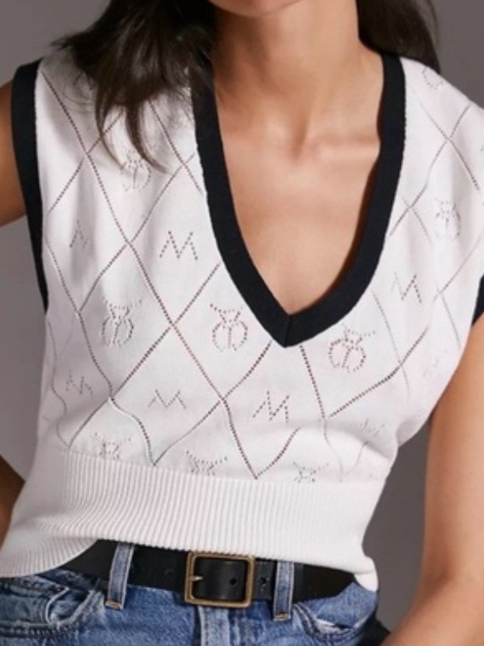Anthropologie Maeve Girly Violette Icon Logo Preppy Vest w/ Black Trim Sz S